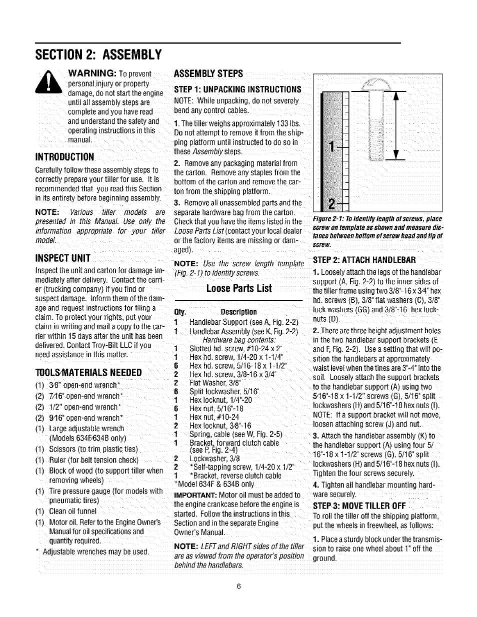 Section 2: assembly, Aged).,;:'';'^v77, Introduction | Inspect unit, Tdolsmaterials needed, Assembly steps, Loose parts list | Troy-Bilt TUFFY 634BM User Manual | Page 6 / 32