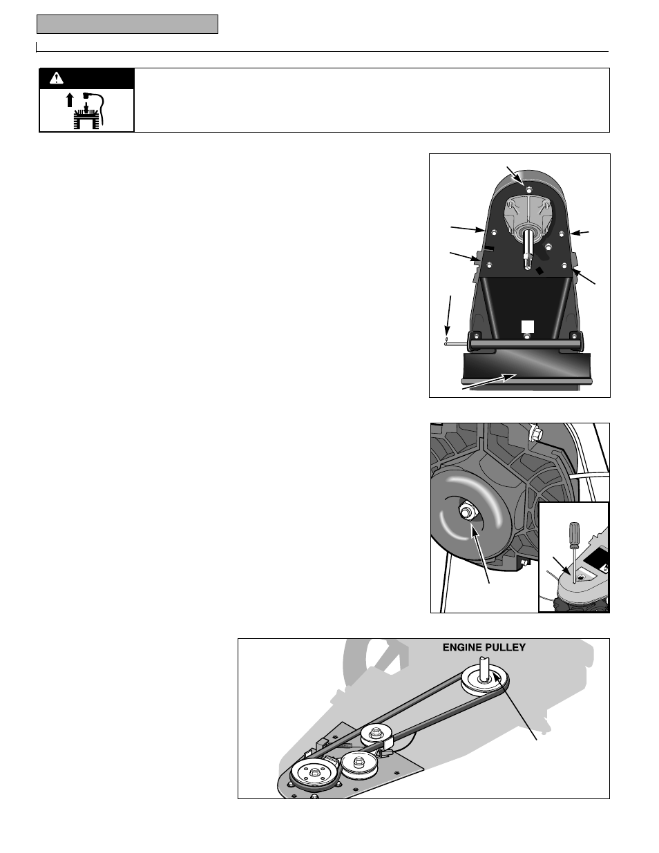 Warning inspecting and replacing the drive belt | Troy-Bilt 52070 User Manual | Page 14 / 28