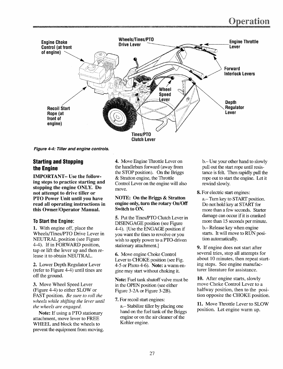 Starting and stopping the engine | Troy-Bilt 12069-7HP User Manual | Page 27 / 68