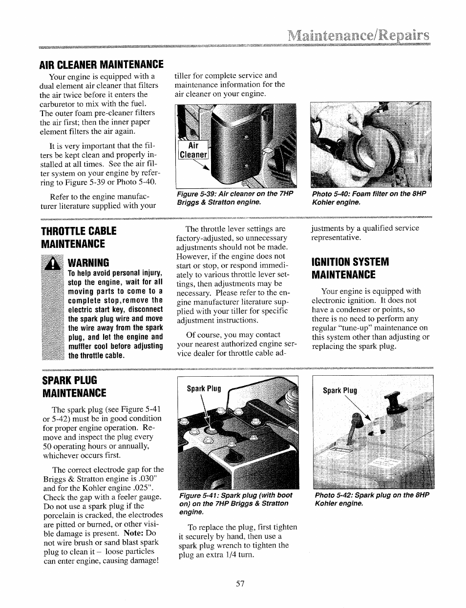 Throttle cable maintenance, Warning, Ignition system maintenance | Spark plug maintenance, Tine shaft maintenance | Troy-Bilt 12069-7HP User Manual | Page 57 / 68
