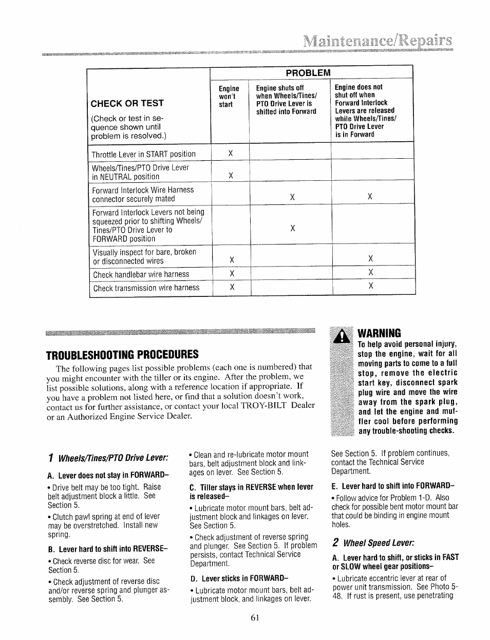 Troubleshoorrng procedures, Troubleshooting procedures, Warning | Check or test, Problem | Troy-Bilt 12069-7HP User Manual | Page 61 / 68