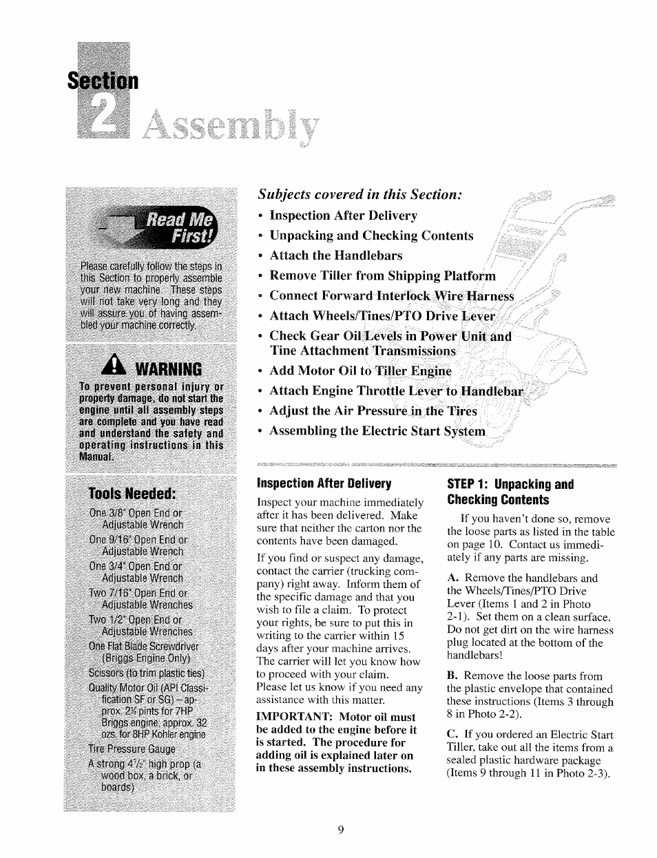 Ajseni, Inspection after delivery, Step 1: unpacking and checking contents | Warning | Troy-Bilt 12069-7HP User Manual | Page 9 / 68