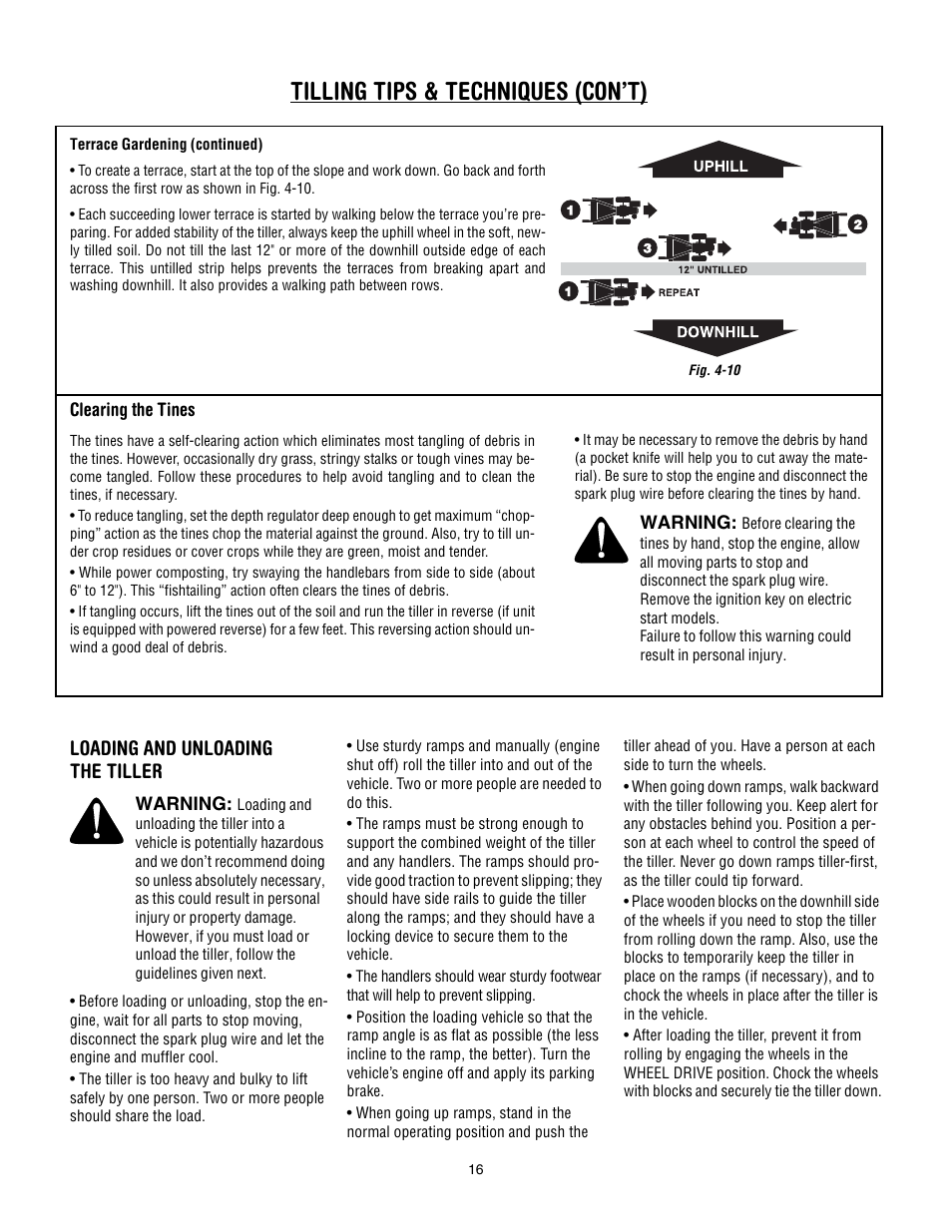 Tilling tips & techniques (con’t), Loading and unloading the tiller | Troy-Bilt 634K--ProLine User Manual | Page 16 / 32
