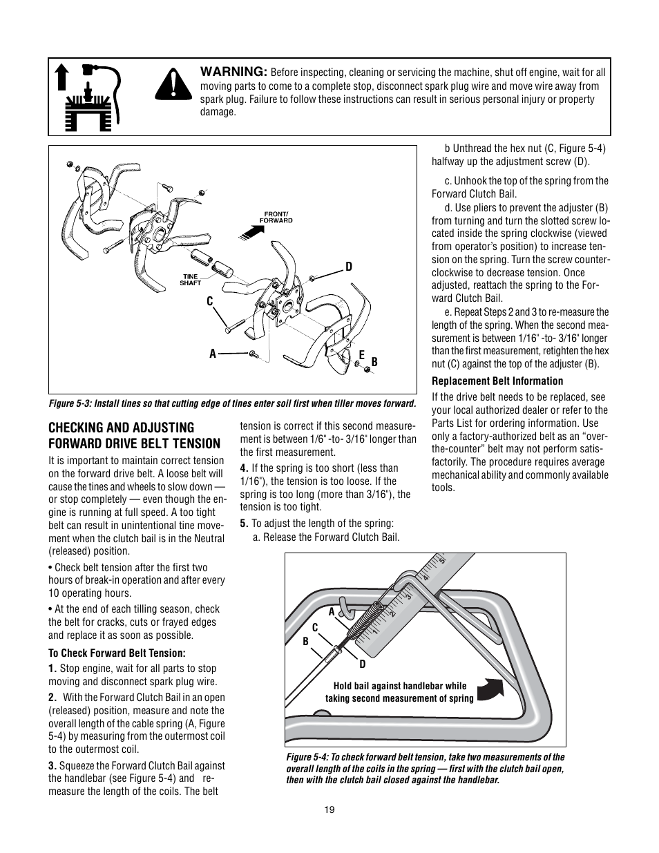 Checking and adjusting forward drive belt tension | Troy-Bilt 634K--ProLine User Manual | Page 19 / 32
