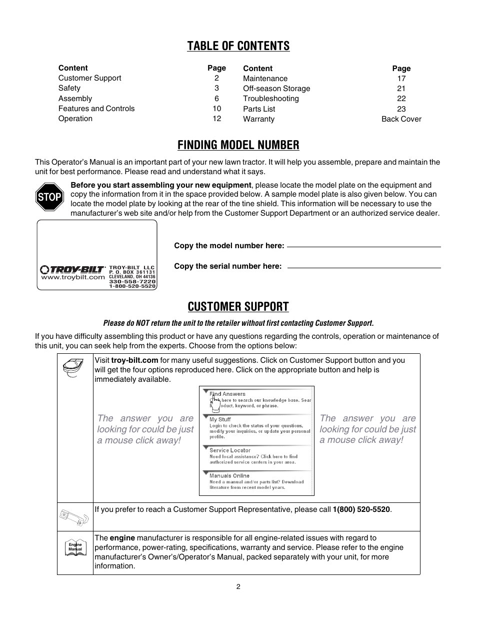 Table of contents finding model number, Customer support | Troy-Bilt 634K--ProLine User Manual | Page 2 / 32