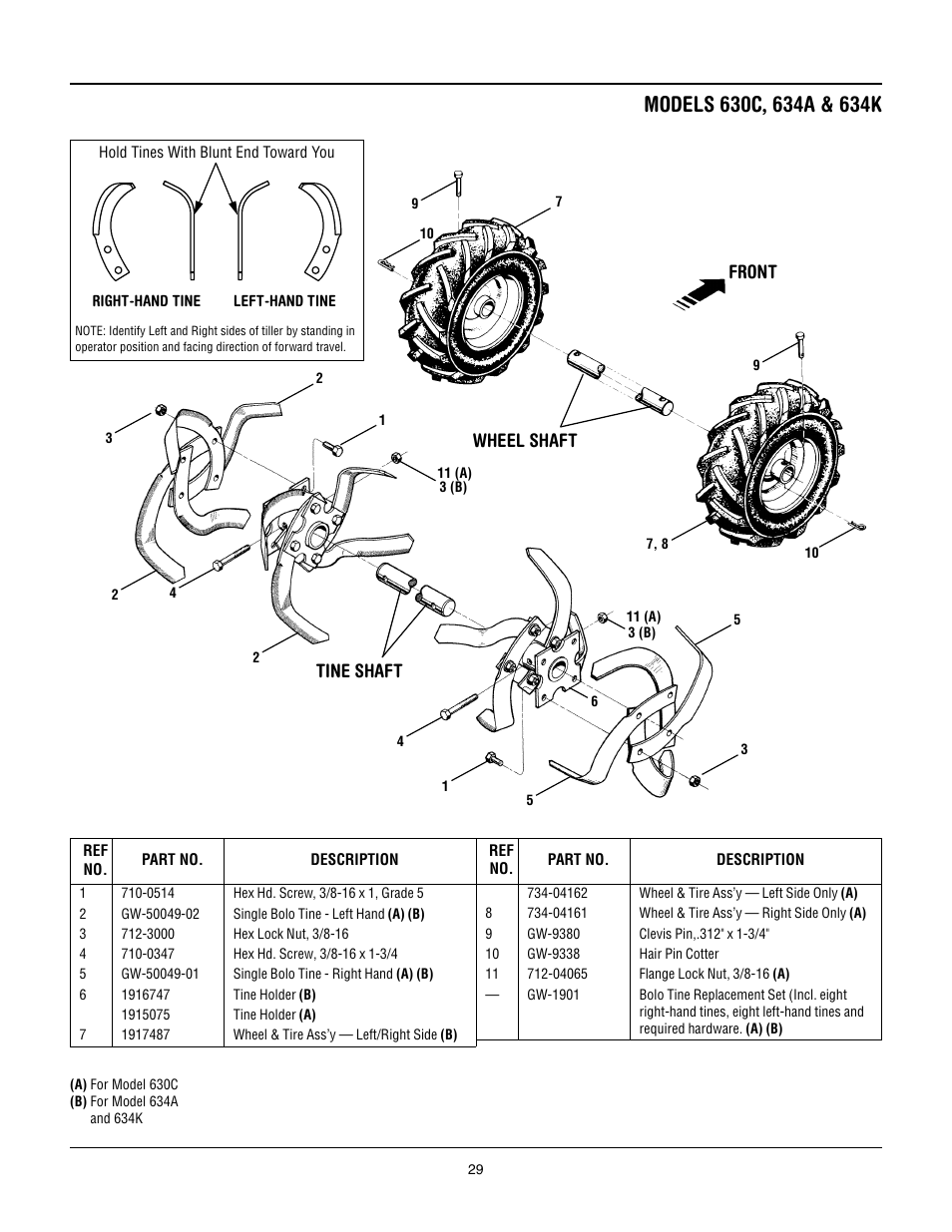 Front, Wheel shaft, Tine shaft | Troy-Bilt 634K--ProLine User Manual | Page 29 / 32