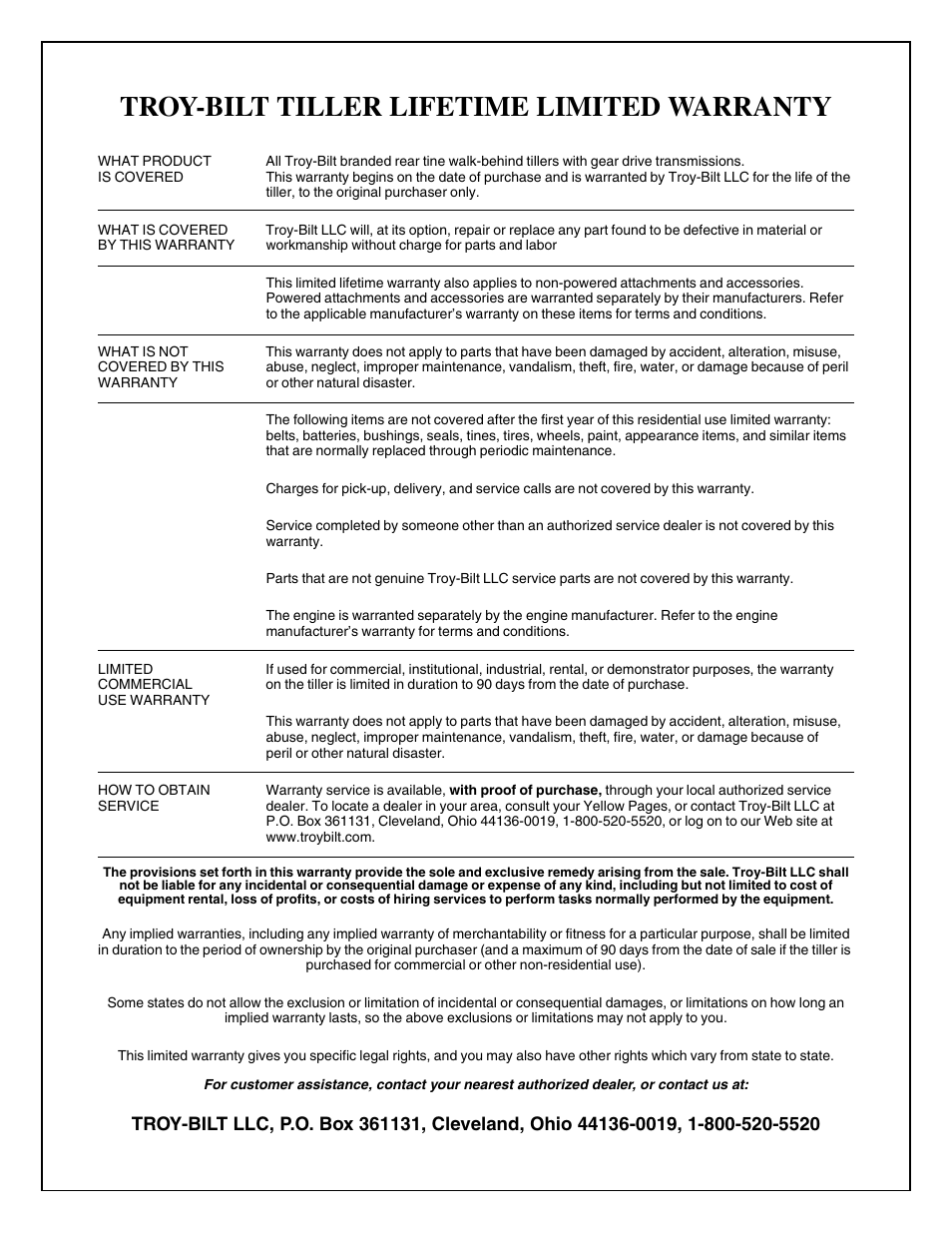 Troy-bilt tiller lifetime limited warranty | Troy-Bilt 634K--ProLine User Manual | Page 32 / 32