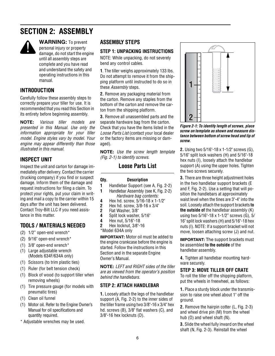 Section 2: assembly, Loose parts list, Introduction | Inspect unit, Tools / materials needed, Assembly steps | Troy-Bilt 634K--ProLine User Manual | Page 6 / 32