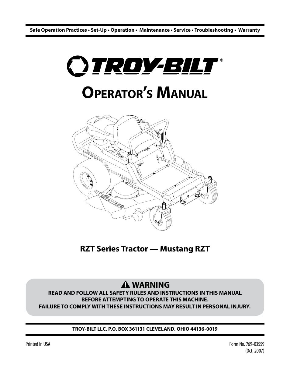 Troy-Bilt Mustang RZT User Manual | 72 pages