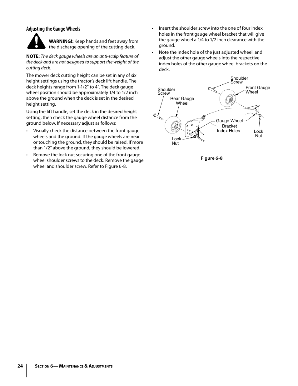 Adjusting the gauge wheels | Troy-Bilt Mustang RZT User Manual | Page 24 / 72