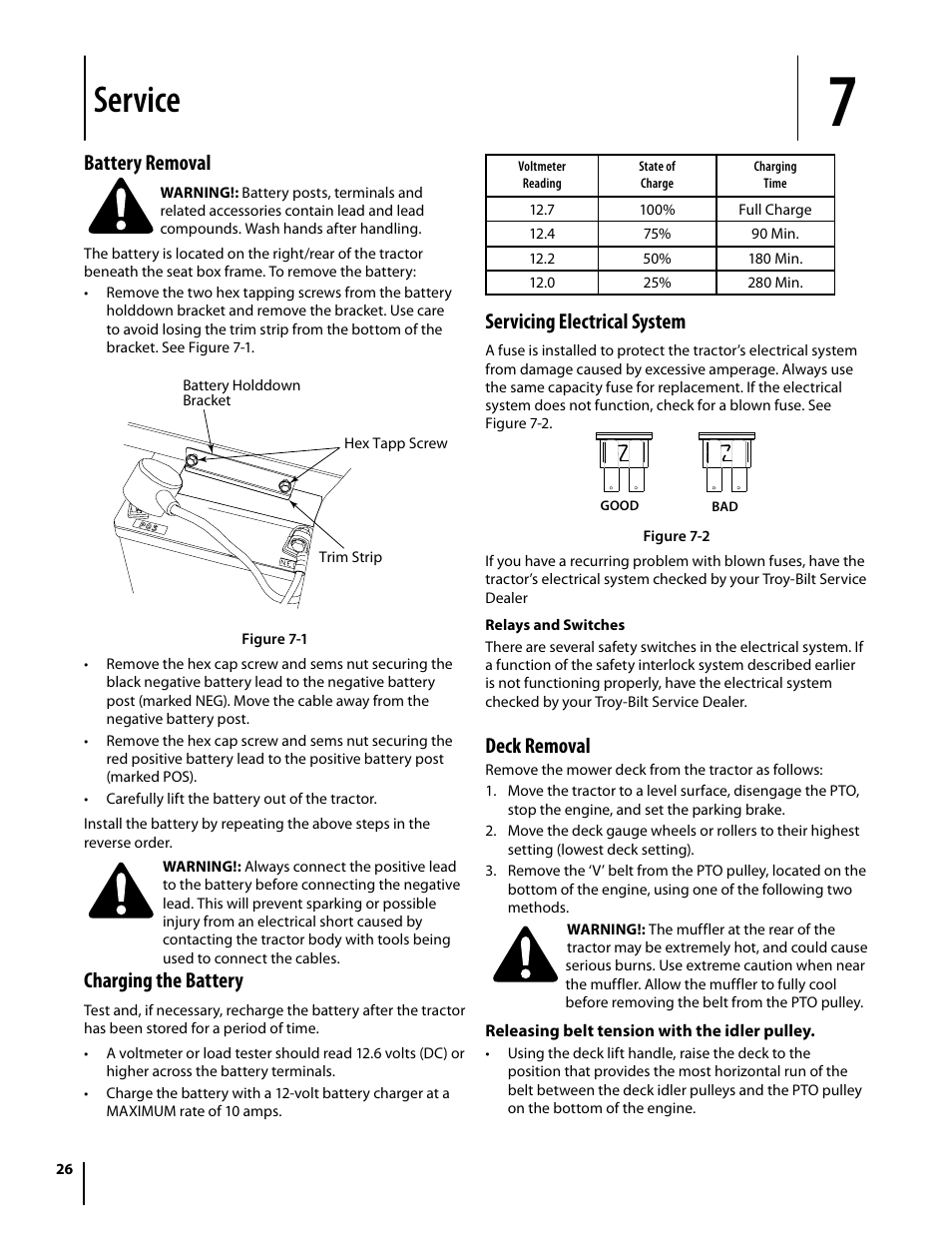 Service, Servicing electrical system, Deck removal | Battery removal, Charging the battery | Troy-Bilt Mustang RZT User Manual | Page 26 / 72