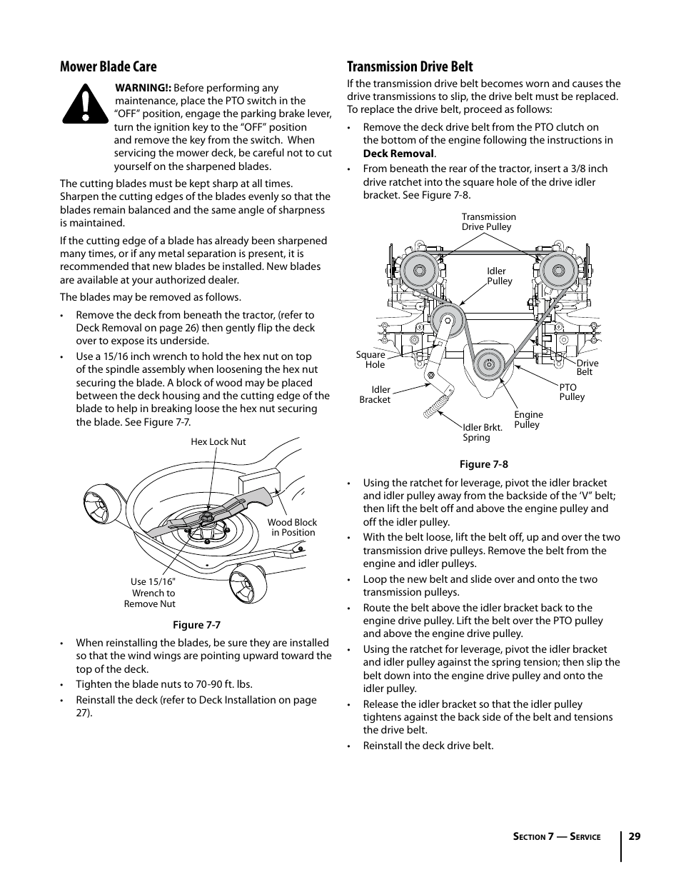 Mower blade care, Transmission drive belt | Troy-Bilt Mustang RZT User Manual | Page 29 / 72