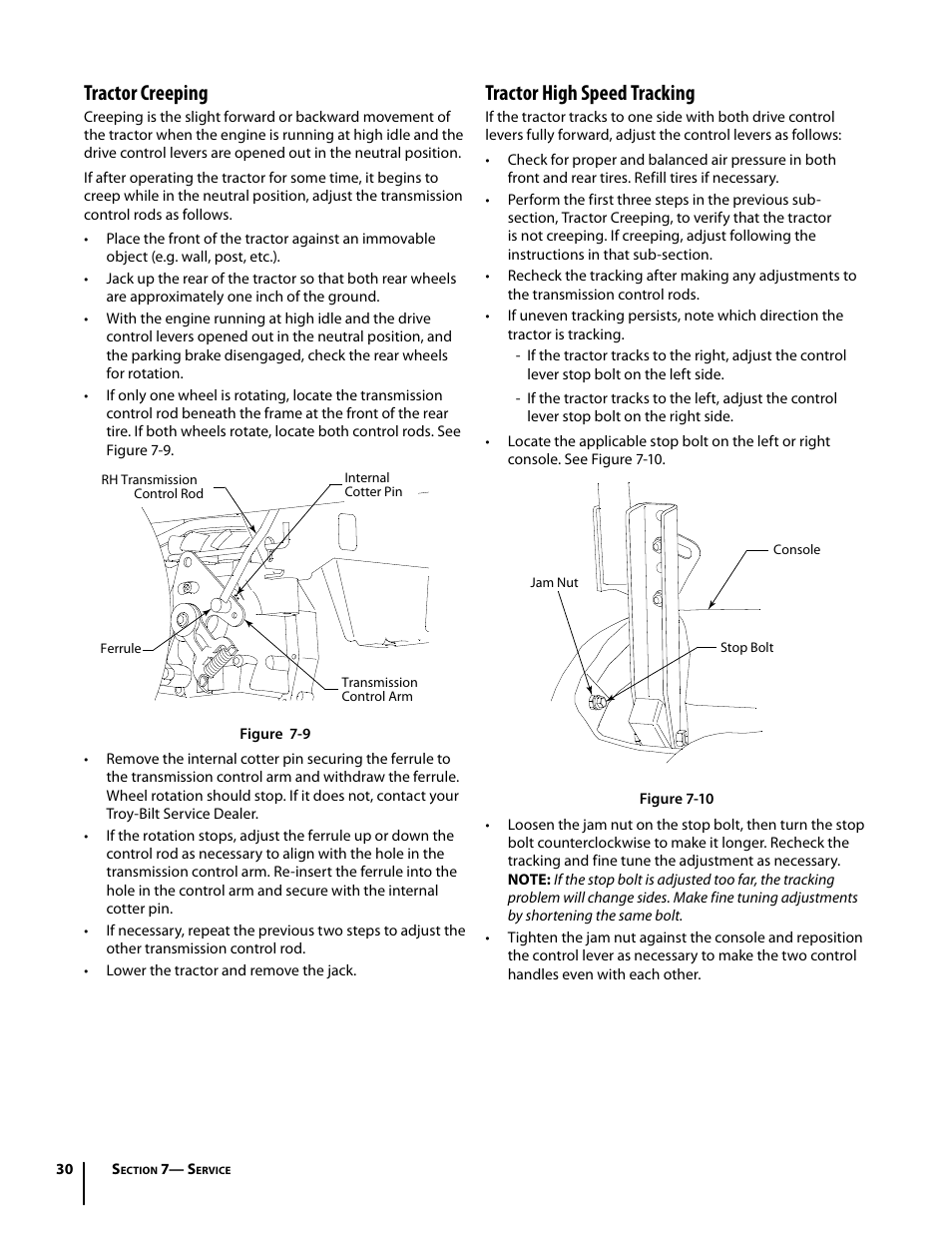 Tractor creeping, Tractor high speed tracking | Troy-Bilt Mustang RZT User Manual | Page 30 / 72