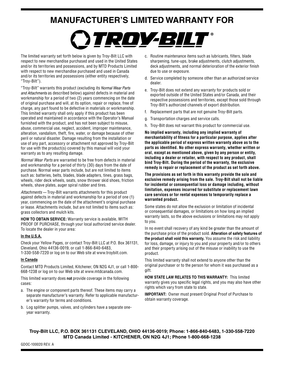 Manufacturer’s limited warranty for | Troy-Bilt Mustang RZT User Manual | Page 36 / 72