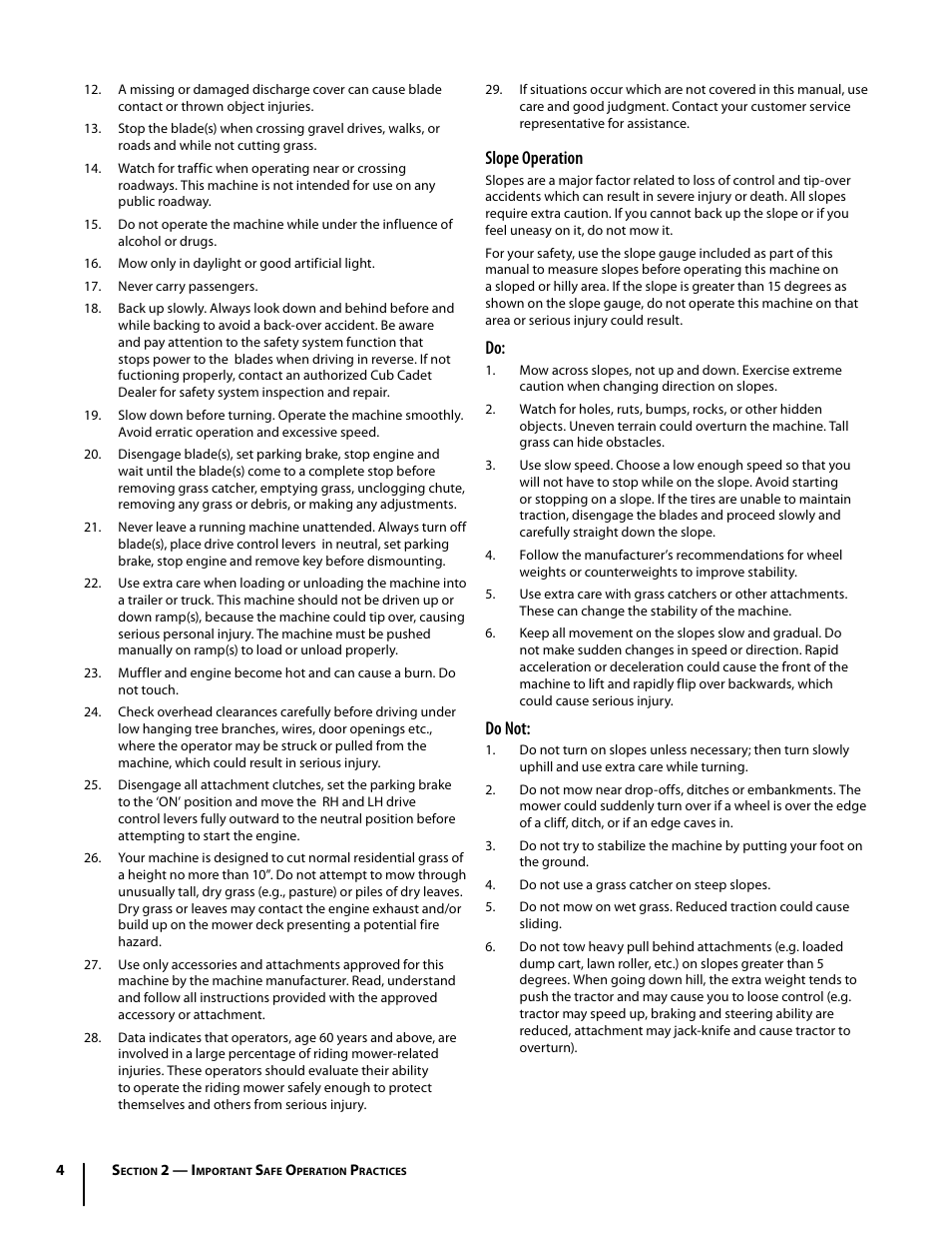 Slope operation, Do not | Troy-Bilt Mustang RZT User Manual | Page 4 / 72