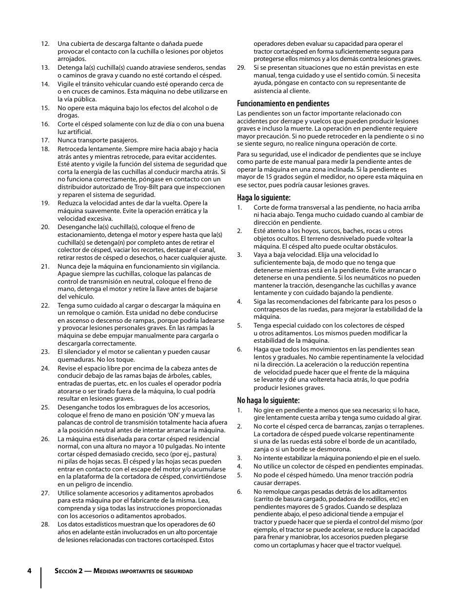 Funcionamiento en pendientes, Haga lo siguiente, No haga lo siguiente | Troy-Bilt Mustang RZT User Manual | Page 40 / 72