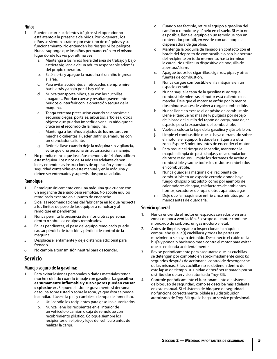 Servicio, Niños, Remolque | Manejo seguro de la gasolina, Servicio general | Troy-Bilt Mustang RZT User Manual | Page 41 / 72