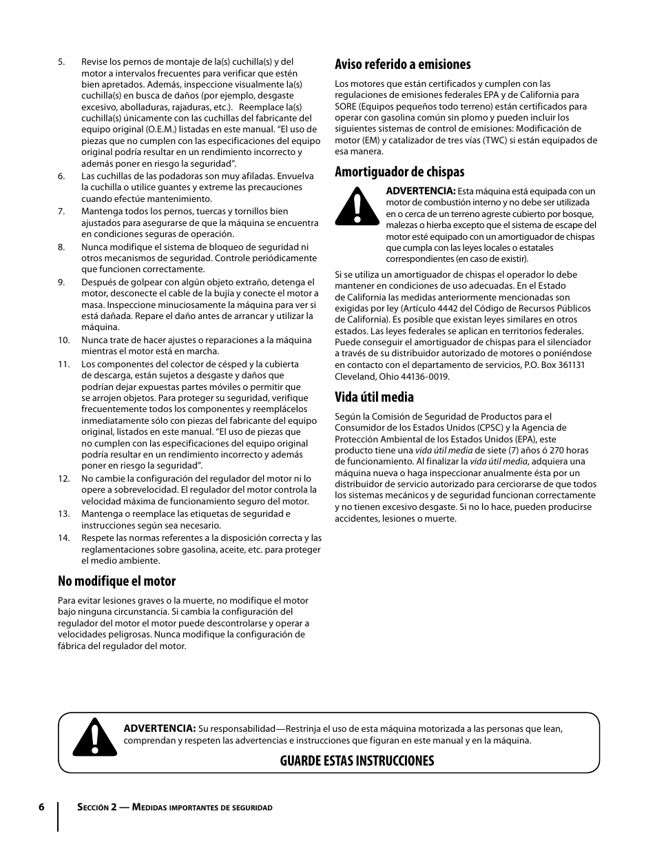 No modifique el motor, Aviso referido a emisiones, Amortiguador de chispas | Vida útil media, Guarde estas instrucciones | Troy-Bilt Mustang RZT User Manual | Page 42 / 72