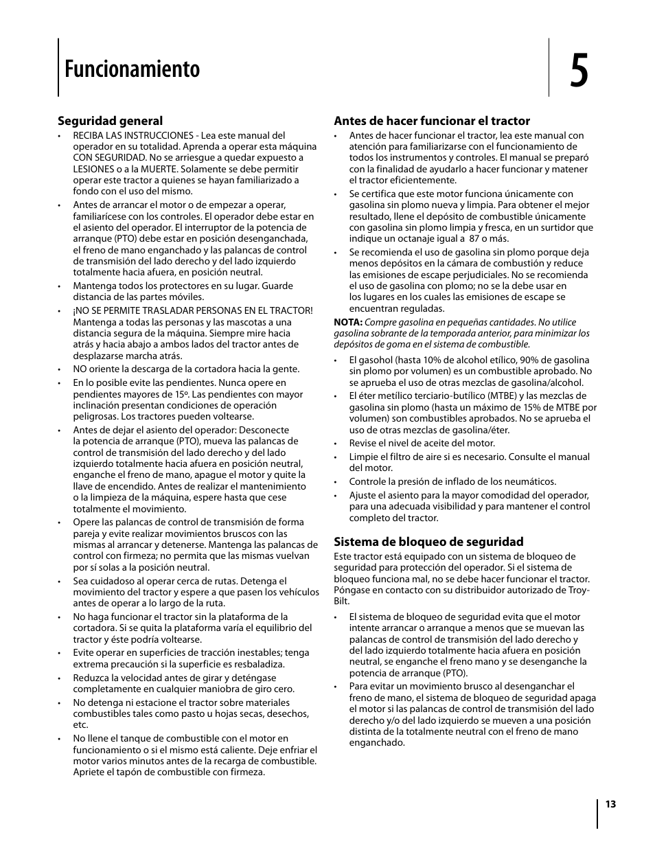 Funcionamiento | Troy-Bilt Mustang RZT User Manual | Page 49 / 72