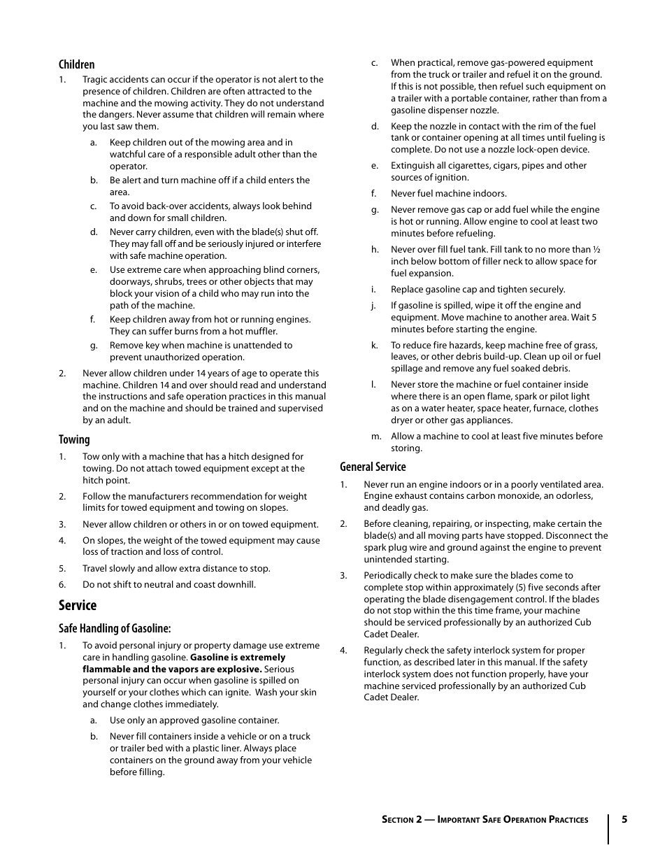 Service, Children, Towing | Safe handling of gasoline, General service | Troy-Bilt Mustang RZT User Manual | Page 5 / 72