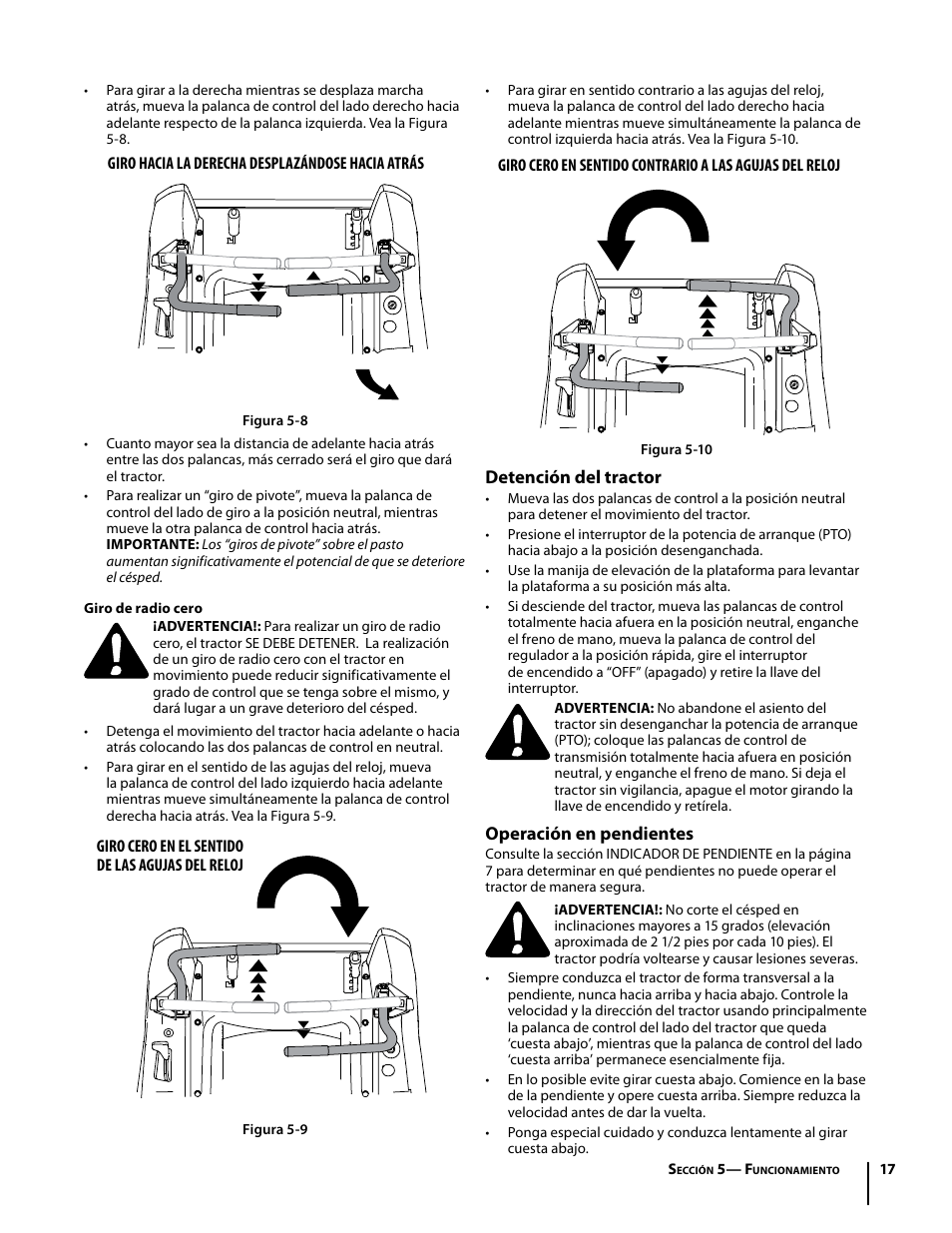 Detención del tractor, Operación en pendientes | Troy-Bilt Mustang RZT User Manual | Page 53 / 72