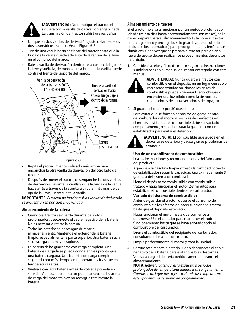 Almacenamiento de la batería, Almacenamiento del tractor | Troy-Bilt Mustang RZT User Manual | Page 57 / 72
