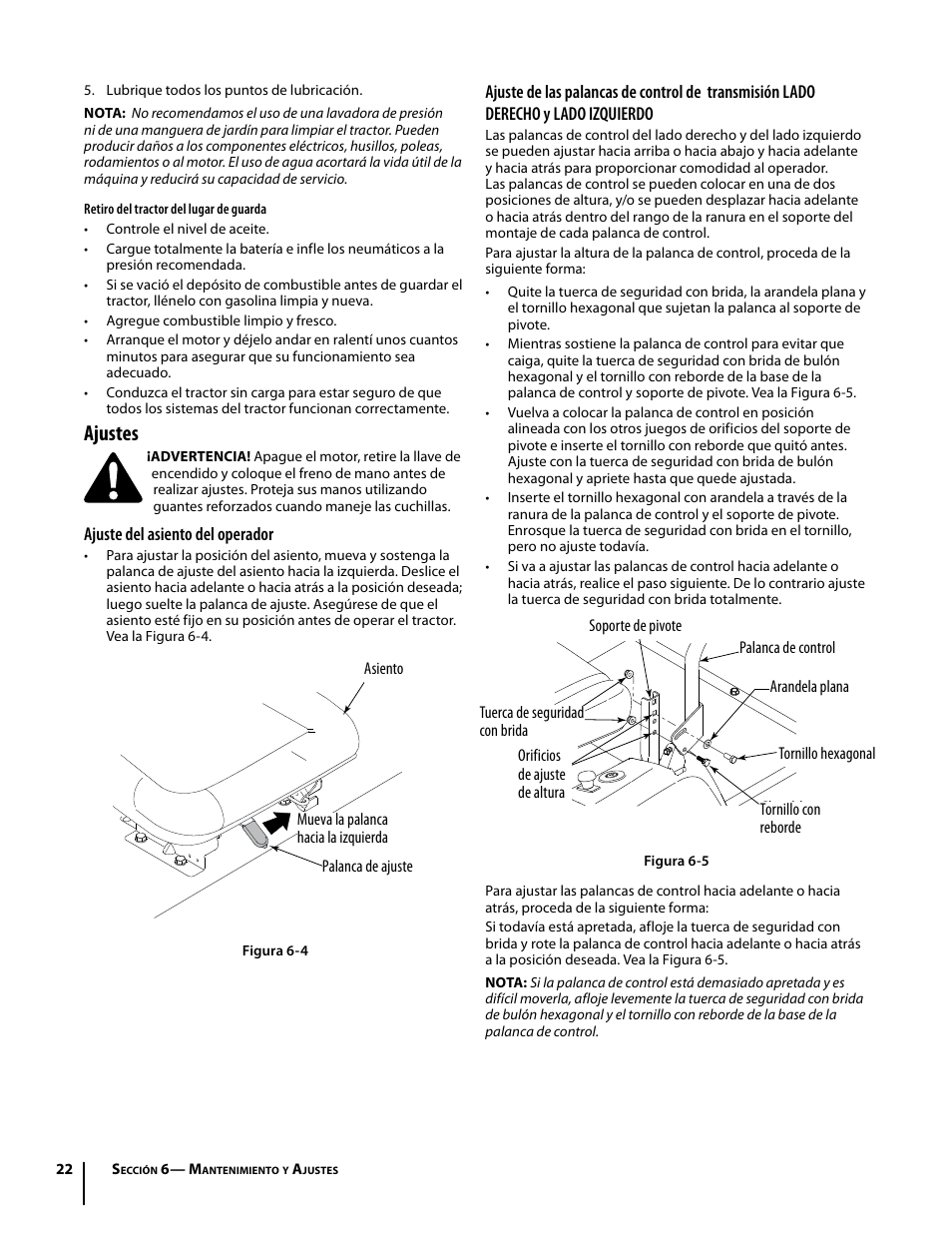 Ajustes, Ajuste del asiento del operador | Troy-Bilt Mustang RZT User Manual | Page 58 / 72