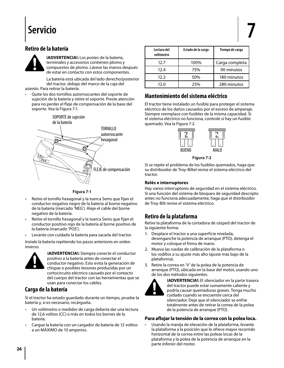 Servicio, Mantenimiento del sistema eléctrico, Retiro de la plataforma | Retiro de la batería, Carga de la batería | Troy-Bilt Mustang RZT User Manual | Page 62 / 72