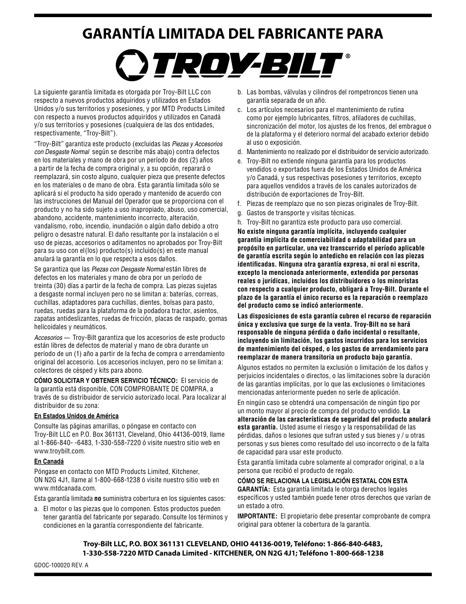 Garantía limitada del fabricante para | Troy-Bilt Mustang RZT User Manual | Page 72 / 72