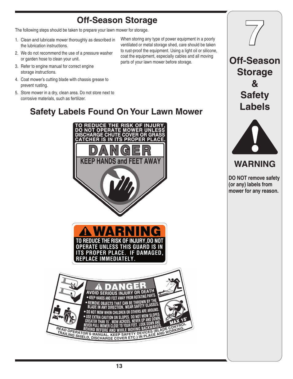 Off-season storage & safety labels, Off-season storage warning, Safety labels found on your lawn mower | Troy-Bilt 569 User Manual | Page 13 / 20