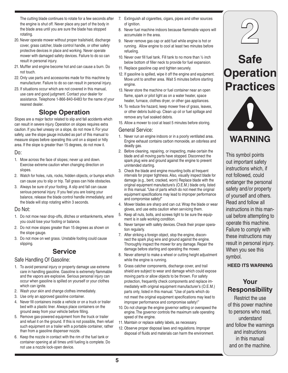 Safe operation practices, Warning, Slope operation | Service, Your responsibility | Troy-Bilt 569 User Manual | Page 5 / 20
