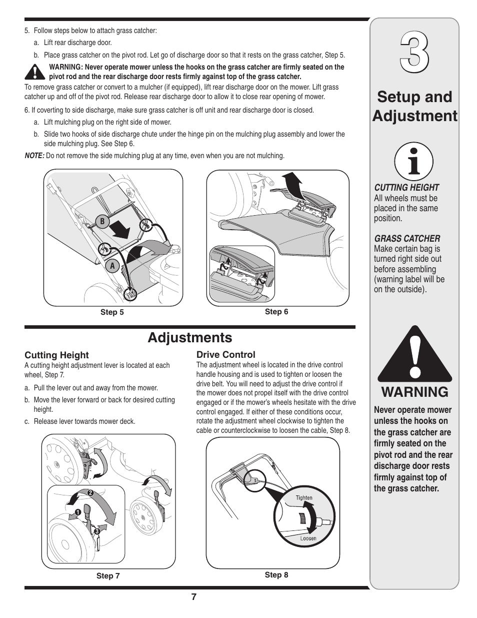 Setup and adjustment, Warning, Adjustments | Troy-Bilt 569 User Manual | Page 7 / 20