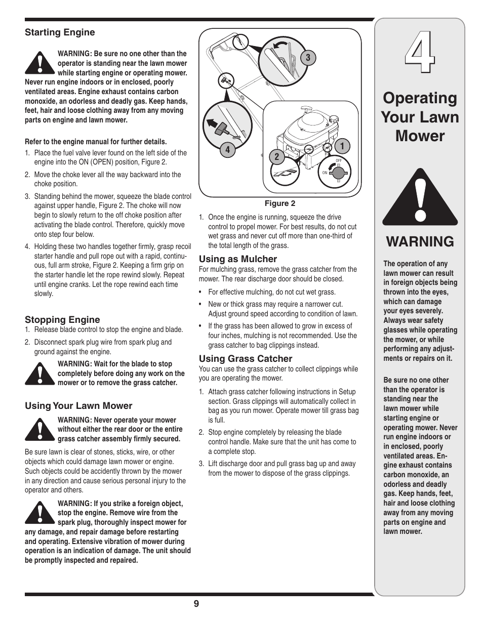 Operating your lawn mower, Warning | Troy-Bilt 569 User Manual | Page 9 / 20