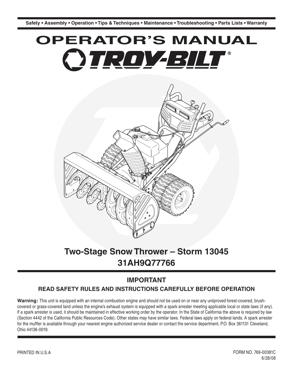 Troy-Bilt 31AH9Q77766 User Manual | 32 pages