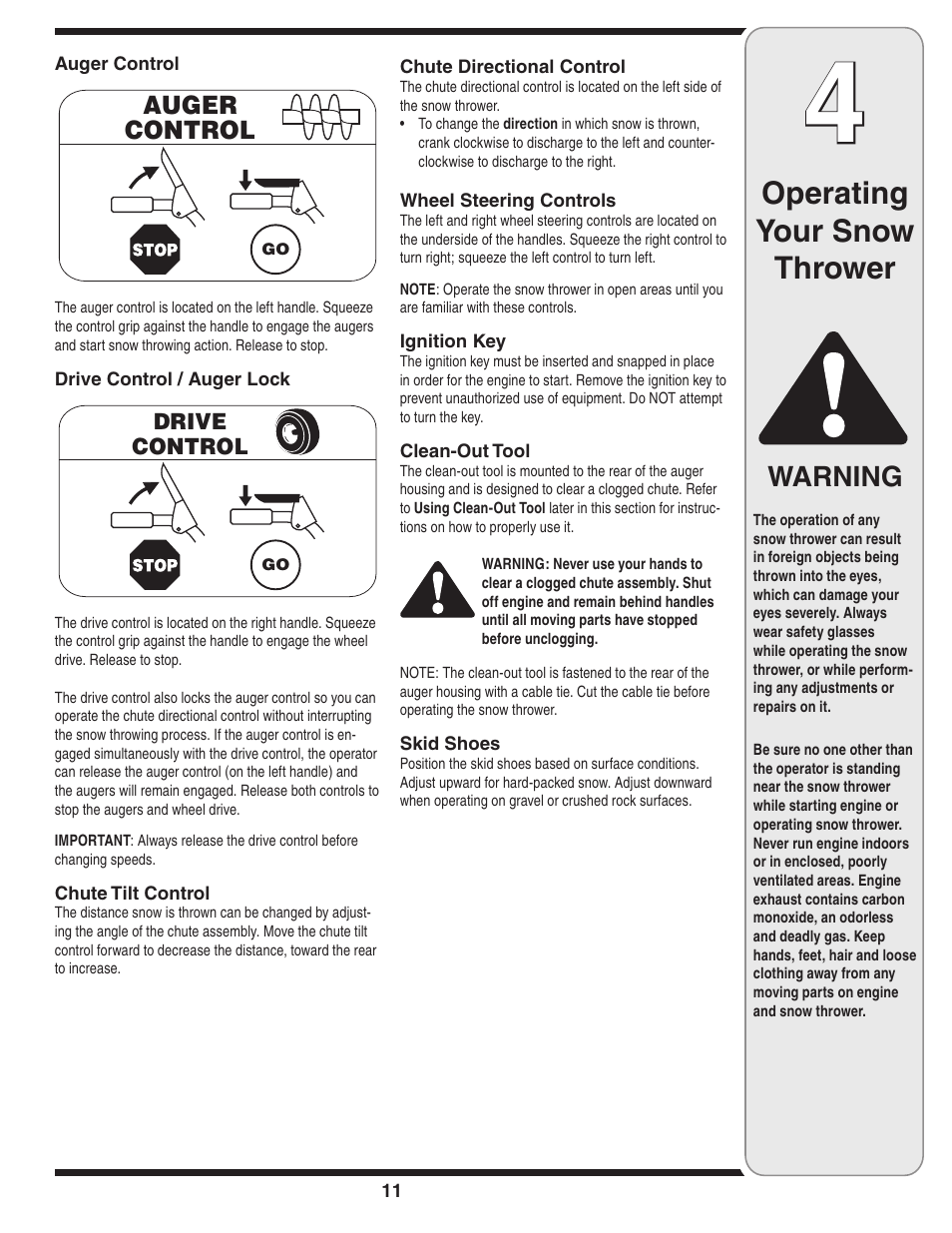 Operating your snow thrower, Warning | Troy-Bilt 31AH9Q77766 User Manual | Page 11 / 32