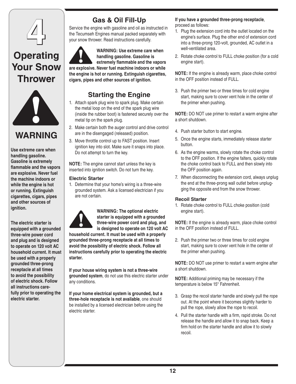 Operating your snow thrower, Warning | Troy-Bilt 31AH9Q77766 User Manual | Page 12 / 32