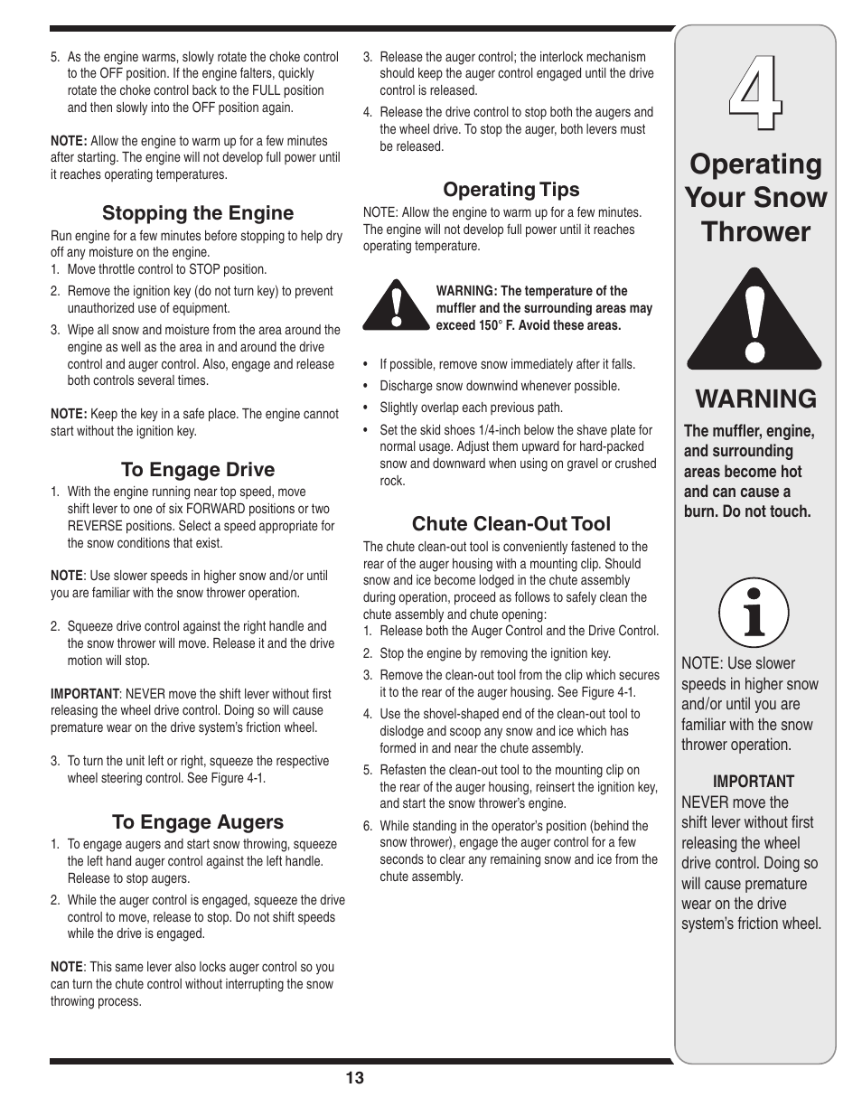 Operating your snow thrower, Warning | Troy-Bilt 31AH9Q77766 User Manual | Page 13 / 32