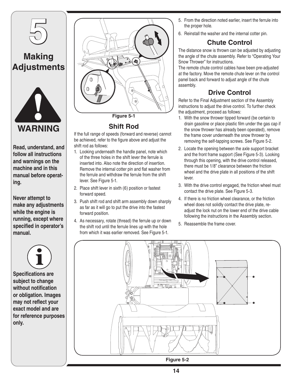 Making adjustments warning | Troy-Bilt 31AH9Q77766 User Manual | Page 14 / 32