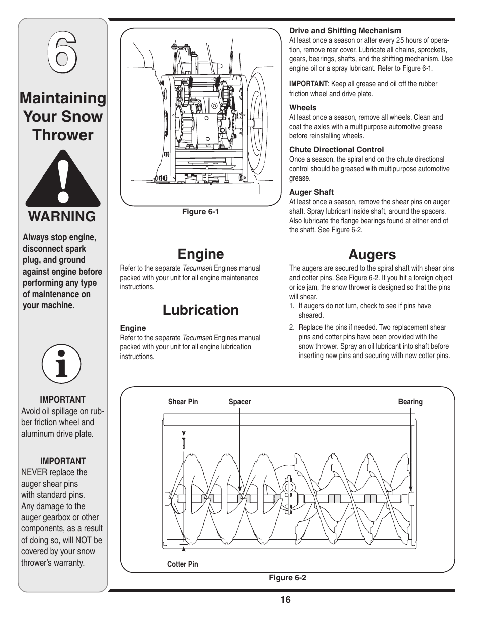 Maintaining your snow thrower, Warning, Engine | Lubrication, Augers | Troy-Bilt 31AH9Q77766 User Manual | Page 16 / 32