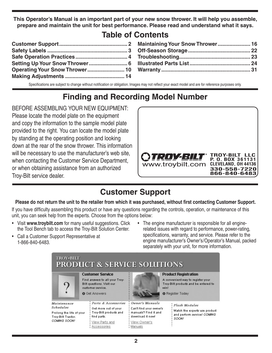 Customer support | Troy-Bilt 31AH9Q77766 User Manual | Page 2 / 32