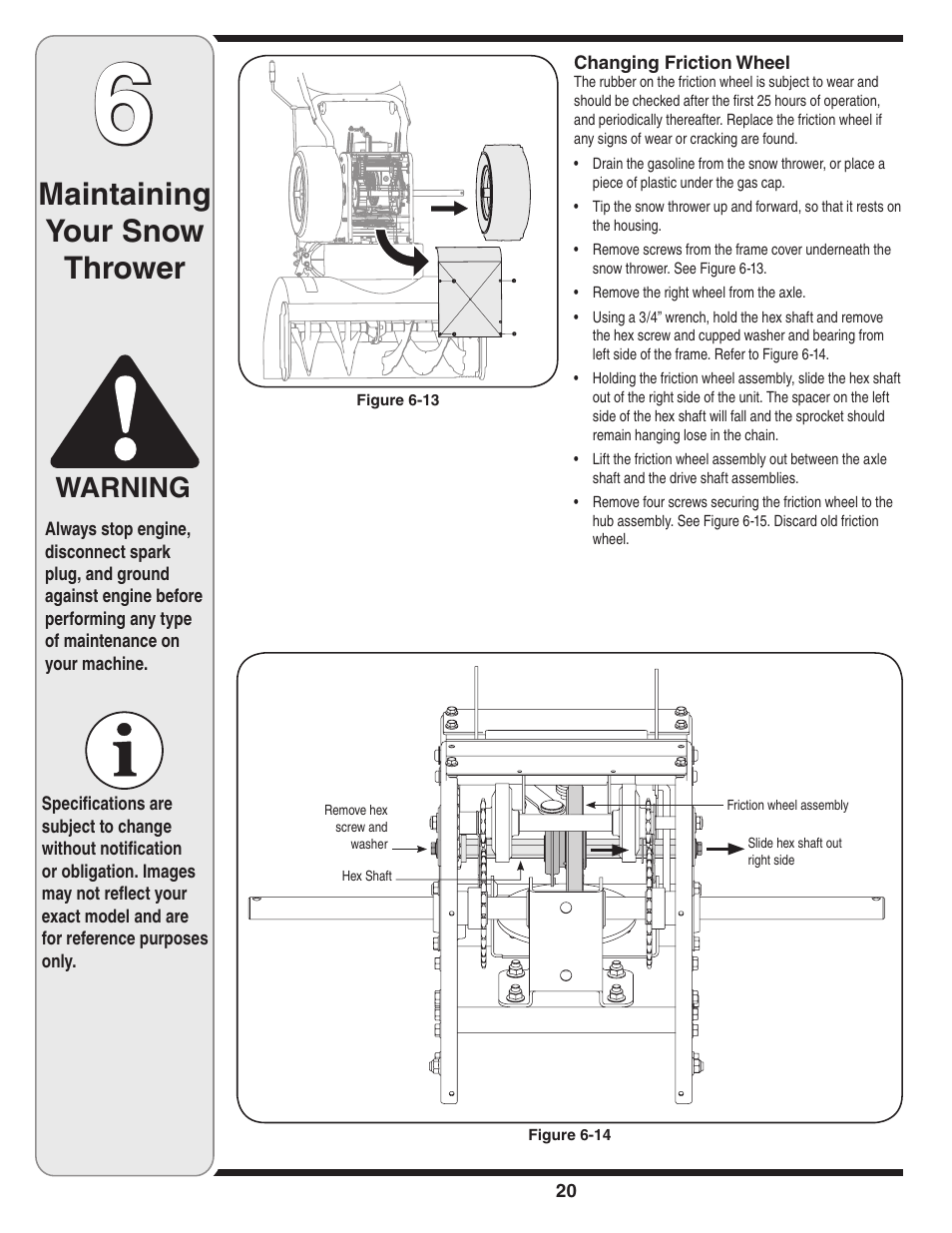 Maintaining your snow thrower, Warning | Troy-Bilt 31AH9Q77766 User Manual | Page 20 / 32