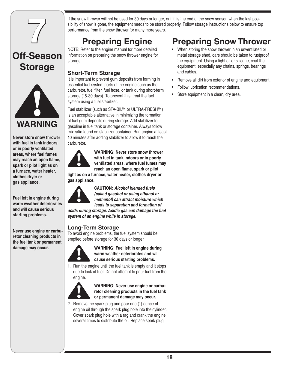 Off-season storage, Preparing engine, Warning preparing snow thrower | Troy-Bilt 31AH9Q77766 User Manual | Page 22 / 32