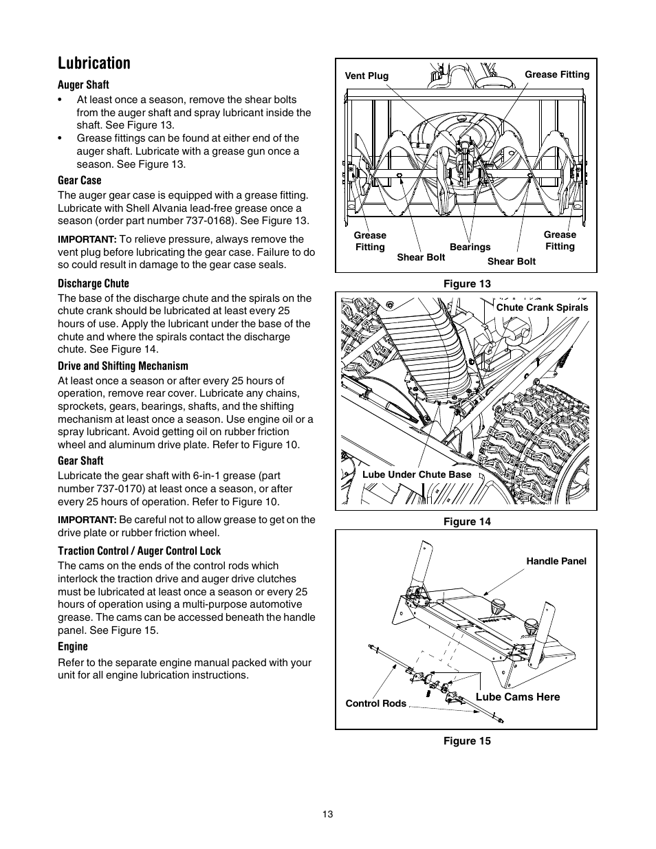 Lubrication | Troy-Bilt 13045 User Manual | Page 13 / 28