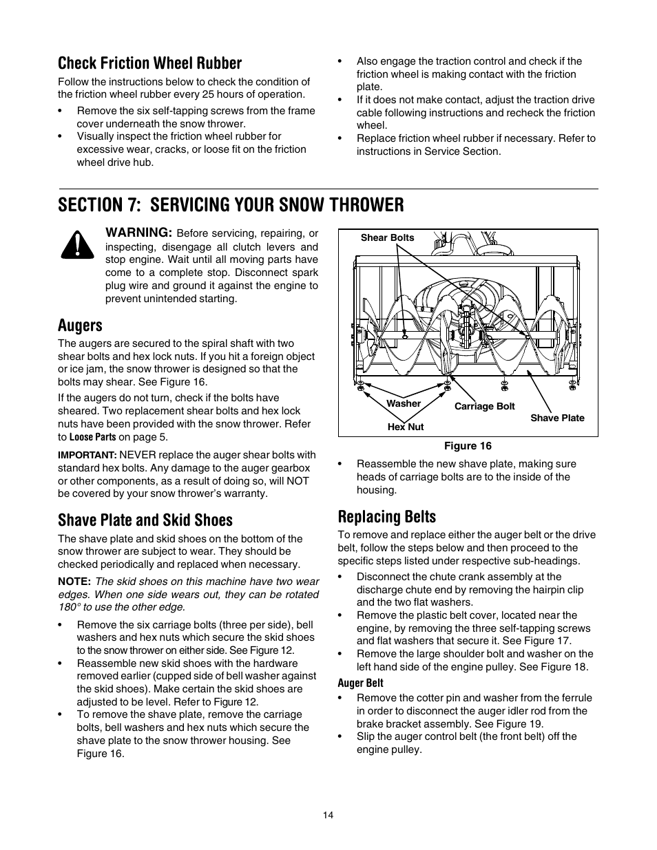 Check friction wheel rubber, Augers, Shave plate and skid shoes | Replacing belts | Troy-Bilt 13045 User Manual | Page 14 / 28