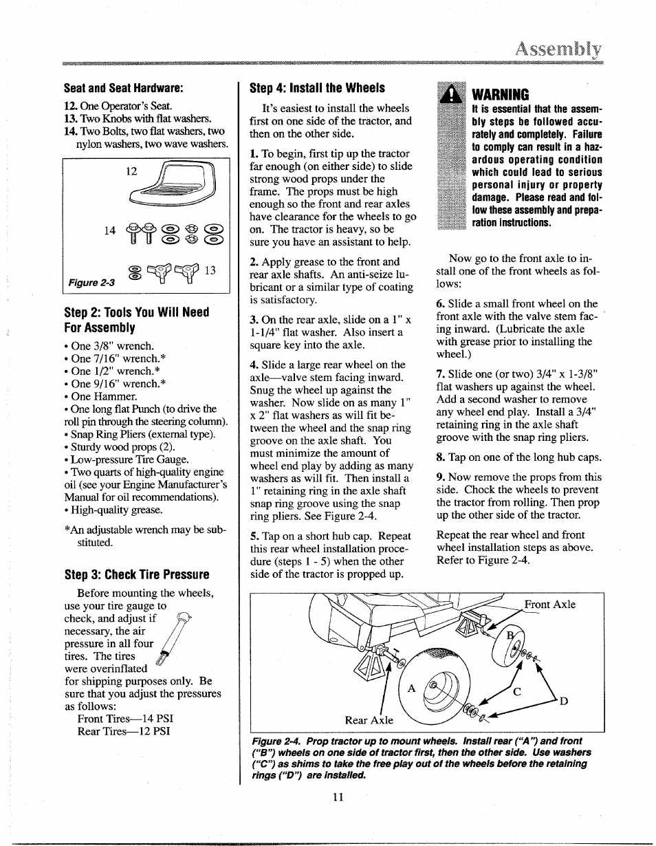 Step 4: install the wheels, Warning | Troy-Bilt 13027 User Manual | Page 11 / 32