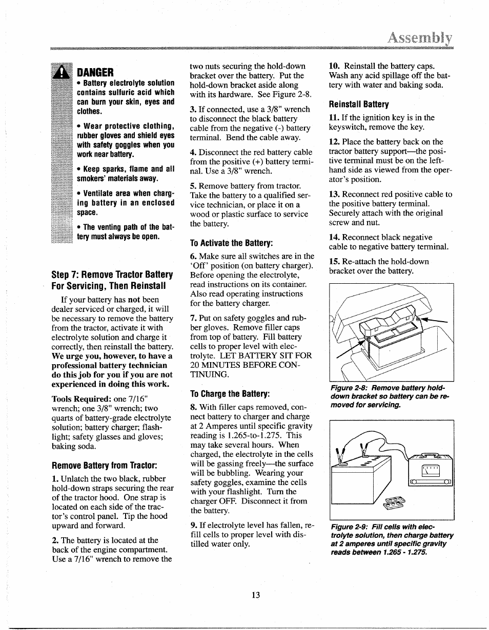 Assemblf, Danger, Assembly | Remove battery from tractor, Reinstall battery | Troy-Bilt 13027 User Manual | Page 13 / 32
