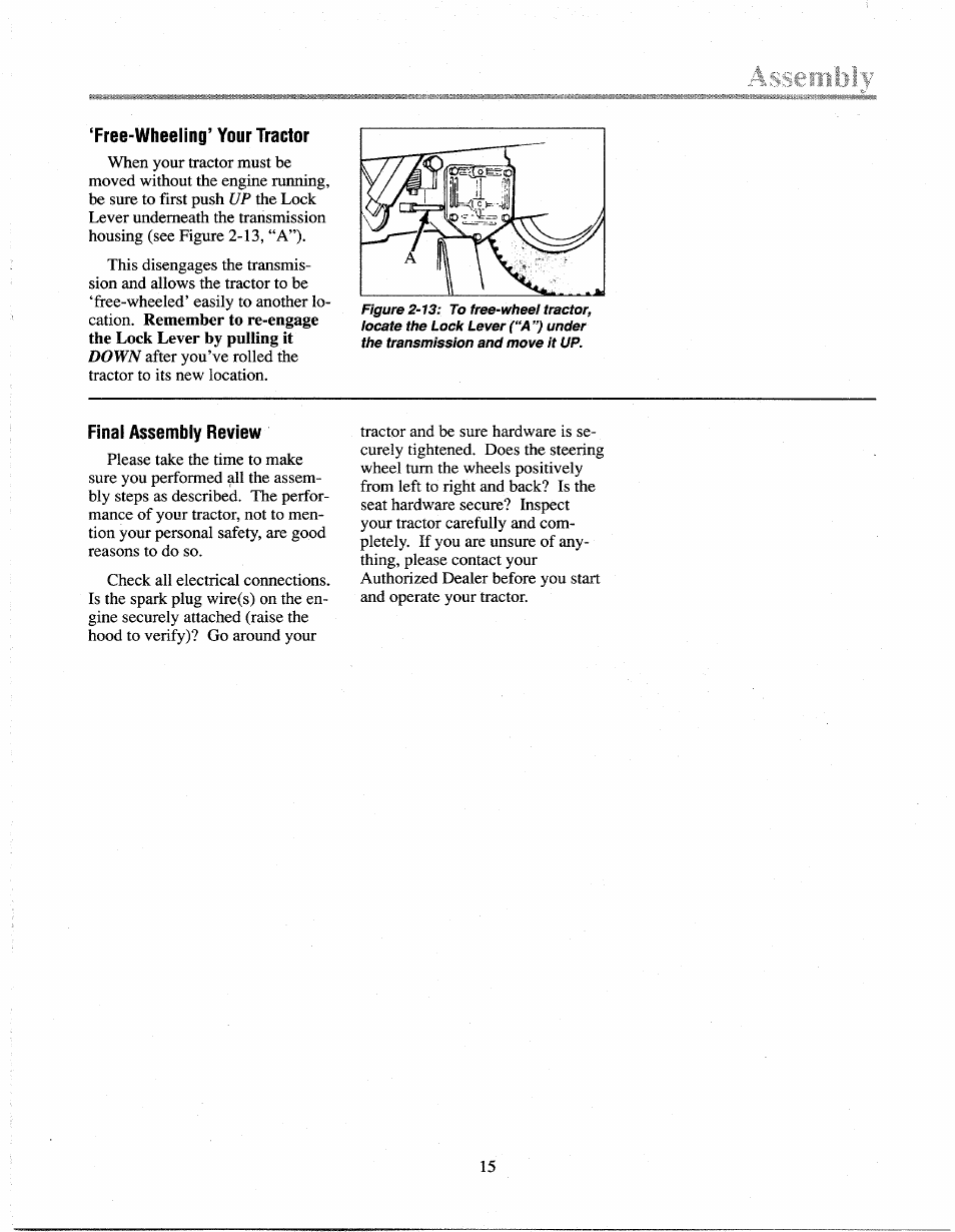 Free-wheeling’ your tractor, Final assembly review | Troy-Bilt 13027 User Manual | Page 15 / 32