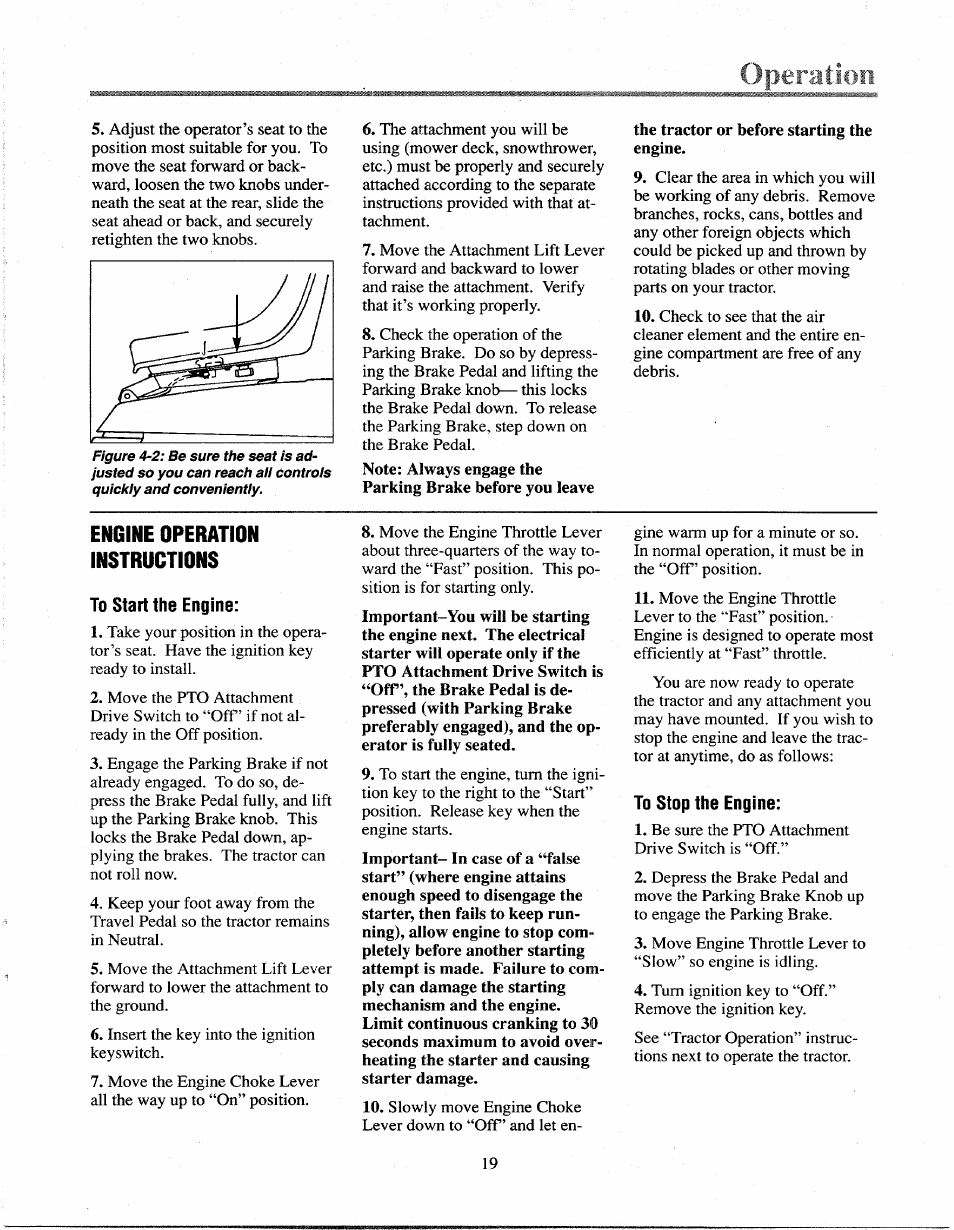 Operation, Engine operation instructions, To start the engine | To stop the engine, Engine starting instructions | Troy-Bilt 13027 User Manual | Page 19 / 32