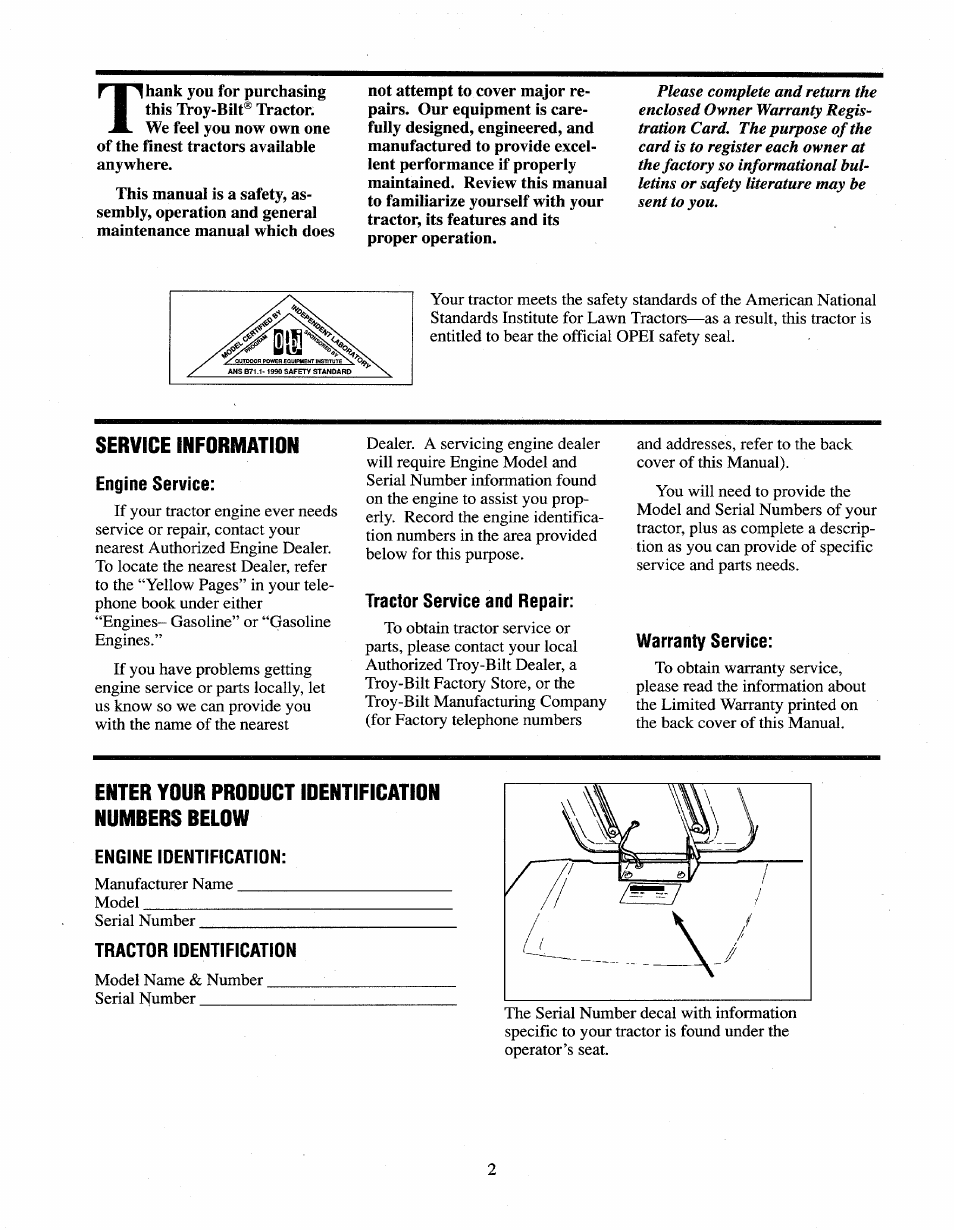 Service information, Enter your product identification numbers below | Troy-Bilt 13027 User Manual | Page 2 / 32