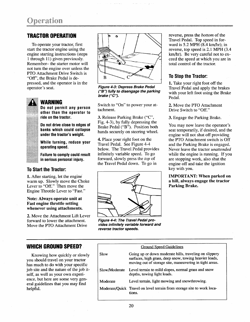 Tractor operation, Warning, To start the tractor | To stop the tractor, Which ground speed | Troy-Bilt 13027 User Manual | Page 20 / 32